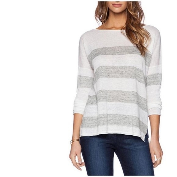 360 Sweater Sweaters - 360 Sweater Light Gray and White Striped Crew Neck 100% Linen